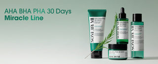 Gamme complete SOME BY MI AHA BHA PHA 30 Days Miracle Line - mousse, serum, creme et toner avec branche de tea tree