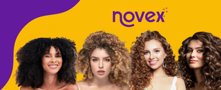 Quatre femmes aux boucles differentes sous le logo Novex sur fond jaune et violet