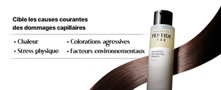 COSRX PEPTIDE-132 Shampoo - infographie causes des dommages capillaires, chaleur et colorations