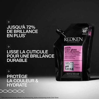 Recharge Redken Acidic Color Gloss 500ml avec mentions 72% de brillance en plus et protection couleur