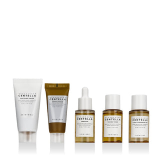 Les 5 minis SKIN1004 Madagascar Centella alignés : crème apaisante, mousse, ampoule, toner et huile démaquillante