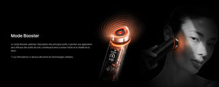 MEDICUBE AGE-R Booster Pro - mode Booster avec LED orange, vue interne et visage de femme en fond