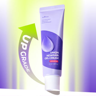 Tube Isntree Onion Newpair Gel Cream avec badge Upgrade vert et goutte de gel sur fond jaune-violet