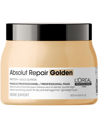 Pot dore avec couvercle noir L'Oreal Professionnel Absolut Repair Golden Masque 500ml vue trois-quarts
