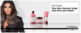 Femme et gamme complete L'OREAL PROFESSIONNEL Pro Longer - 5 produits roses sur fond noir