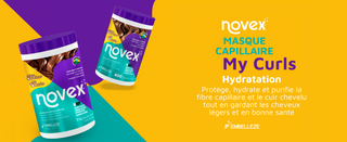 Novex My Curls masque capillaire et apres-shampooing - deux pots sur fond jaune et violet Embelleze
