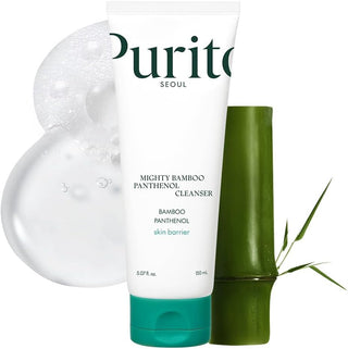 Tube blanc PURITO Seoul Mighty Bamboo Panthenol Cleanser 150ml avec tige de bambou et mousse nettoyante