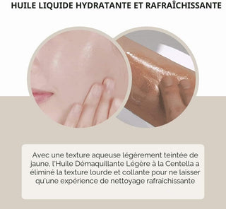 Infographie texture aqueuse huile Centella appliquee sur peau, deux carnations - fini hydratant leger