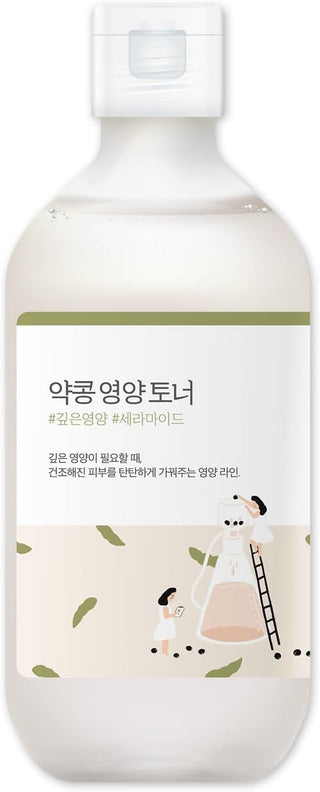 Round Lab Toner Nourrissant Soja Noir - flacon beige avec illustrations et texte coreen