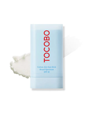 TOCOBO Cotton Soft Sun Stick avec swatch de texture blanche cremeuse en arriere-plan