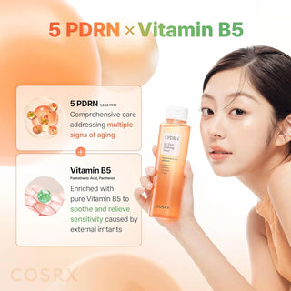 Infographie COSRX 5 PDRN x Vitamine B5 avec mannequin et schema des actifs