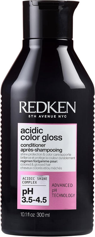Flacon noir 300ml Redken Acidic Color Gloss apres-shampooing avec etiquette rose pH 3.5-4.5