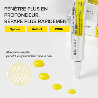 Tube MARY&MAY Spicule Retinol PDRN Cream et gouttes de crème jaune - pénètre en profondeur, répare rapidement