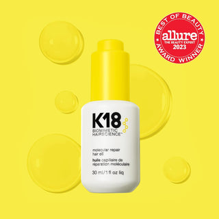 K18 Molecular Repair Hair Oil - flacon et bulles jaunes sur fond jaune avec badge Allure Best of Beauty 2023
