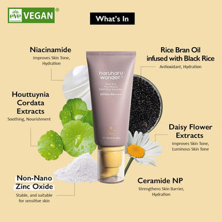 Ingrédients clés de la crème solaire Black Rice - niacinamide, huile de son de riz, céramide NP, houttuynia