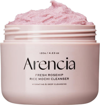 Pot ouvert Arencia Fresh Rosehip Rice Mochi Cleanser 120g, texture rose debordant du pot