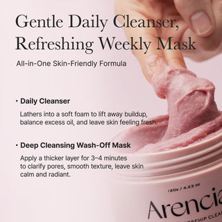 Doigt plongeant dans la texture mochi rose du nettoyant Arencia, nettoyage quotidien et masque hebdomadaire