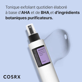COSRX AHA BHA Toner - flacon spray avec texte tonique exfoliant AHA BHA ingredients botaniques
