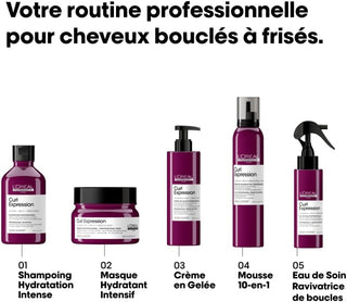 Routine 5 produits L'OREAL PROFESSIONNEL Curl Expression pour cheveux boucles a frises sur fond blanc