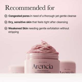Arencia Fresh Rosehip Rice Mochi Cleanser - pot ouvert avec texture rose, conseils peaux sensibles et pores