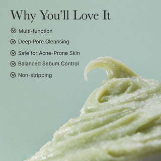 Arencia Fresh Green Rice Mochi Cleanser - gros plan texture verte avec liste d'avantages peau mixte