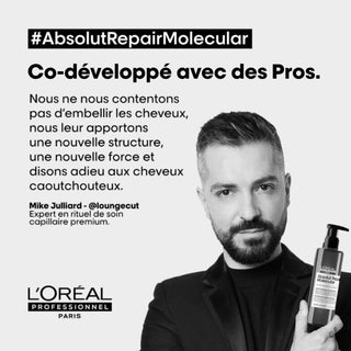 Expert Mike Julliard avec flacon L'Oreal Professionnel Absolut Repair Molecular - co-developpe avec des Pros