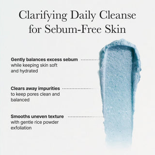Swatch texture bleue du nettoyant ARENCIA avec description des trois actions purifiantes