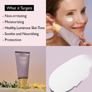 Femme appliquant la crème solaire minérale haruharu wonder sur la joue - texture blanche non irritante