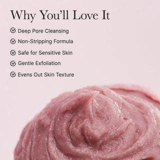 Arencia Fresh Rosehip Rice Mochi Cleanser - gros plan texture mochi rose avec liste d'avantages