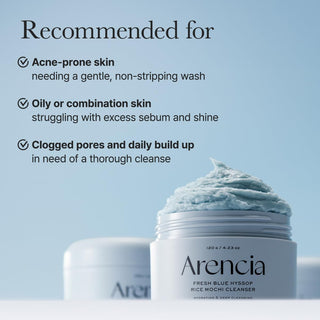Pot ARENCIA Rice Mochi Cleanser avec mousse et recommandations peaux grasses et a imperfections