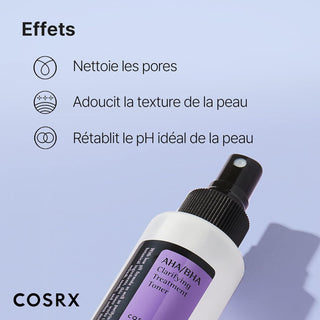 COSRX AHA BHA Toner - gros plan spray et flacon avec effets nettoyage pores et pH ideal
