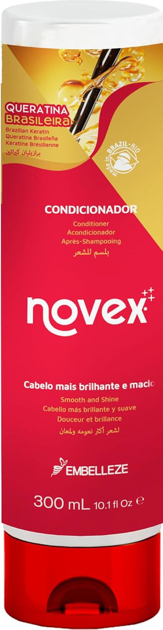 Novex Brazilian Keratin apres-shampooing 300 ml - flacon rouge et jaune douceur et brillance Embelleze
