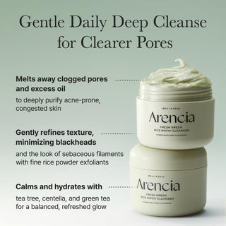 Arencia Fresh Green Rice Mochi Cleanser - deux pots empiles avec description nettoyage pores en profondeur