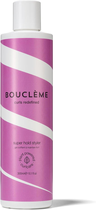 Boucleme Super Hold Styler flacon 300 ml rose fuchsia et blanc a rayures sur fond blanc