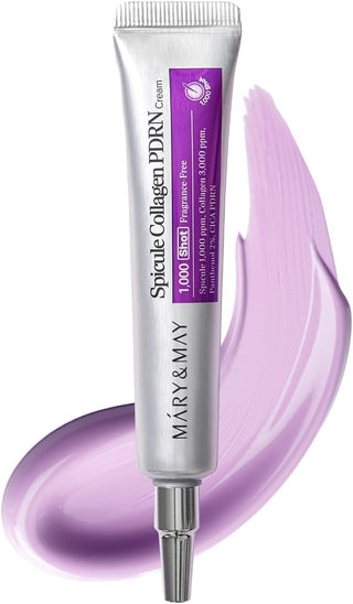 Tube argenté MARY&MAY Spicule Collagen PDRN Cream 15g sur swatch de crème lilas - étiquette 1000 Shot
