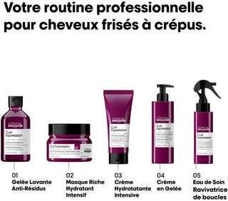 Routine 5 produits L'OREAL PROFESSIONNEL Curl Expression pour cheveux frises a crepus sur fond blanc