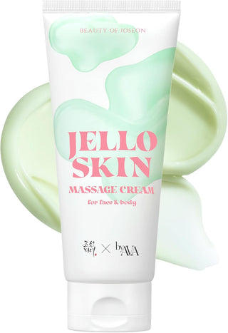 Tube blanc Beauty of Joseon x byAVA Jello Skin Massage Cream visage et corps avec swatch de crème vert pâle