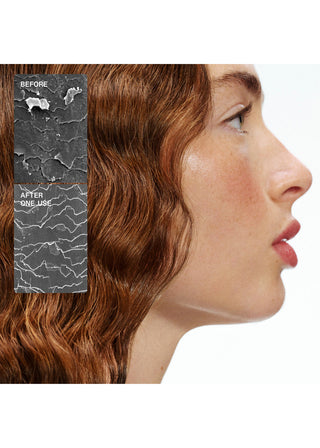 Olaplex No.3 Plus - profil mannequin cheveux ondules avec microscopie fibre avant et apres utilisation
