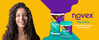 Femme aux boucles brunes et gamme Novex My Curls hydratation sur fond jaune et violet