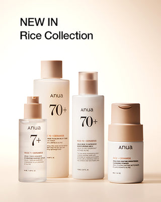 Gamme Anua Rice Collection avec serum, lait, tonique et poudre nettoyante sur fond beige
