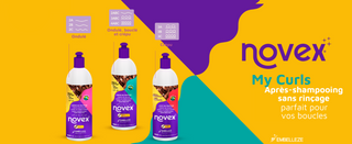 Gamme Novex My Curls - trois flacons apres-shampooing sans rincage avec guide des types de boucles 2A a 4C