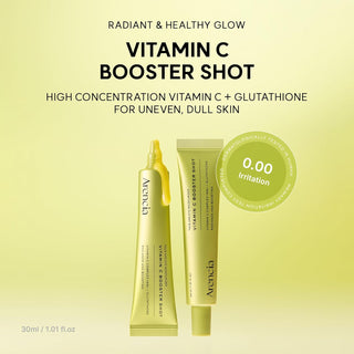 Deux tubes Arencia Vitamin C Booster Shot sur fond vert et badge 0.00 irritation teste dermatologiquement