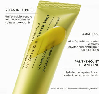 Infographie actifs Arencia Vitamin C Booster Shot - vitamine C pure, glutathion, panthenol et allantoine