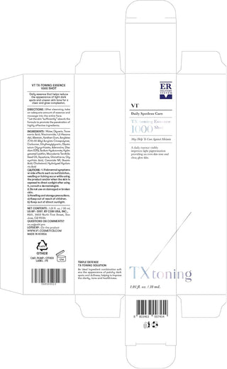 Packaging deplie VT Cosmetics TX-Toning Essence 1000 Shot avec liste INCI, mode d'emploi et code-barres