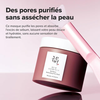 Pot Beauty of Joseon Red Bean Refreshing Pore Mask incliné avec spatule rose, pores purifiés sans dessécher