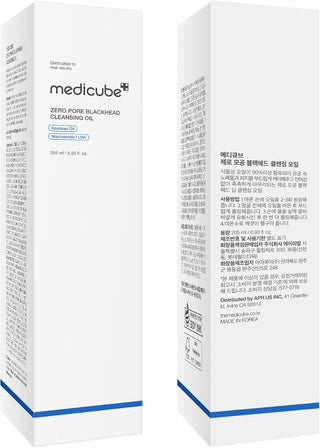 Packaging Medicube Zero Pore Blackhead Cleansing Oil boite carton blanche face et dos avec INCI