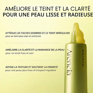 Infographie benefices Arencia Vitamin C Booster Shot - teint unifie, eclat et peau plus lisse