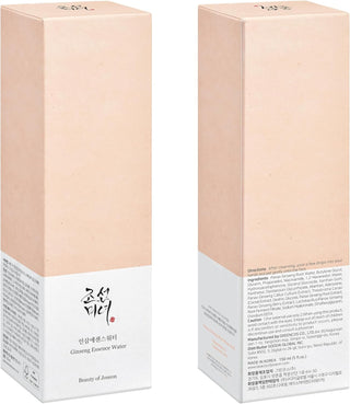 Beauty of Joseon Ginseng Essence Water - faces avant et arriere de la boite en carton rose et blanc