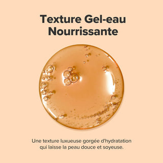 Beauty of Joseon Revive Serum texture gel-eau doree en cercle sur fond peche avec bulles