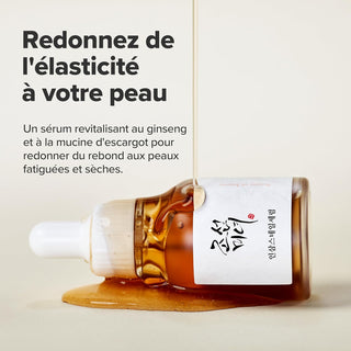 Beauty of Joseon Revive Serum flacon renverse avec filet de serum dore, texte elasticite